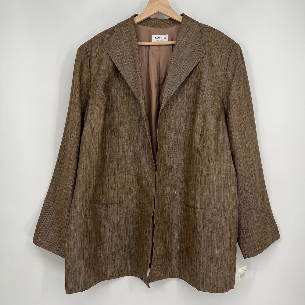 Tamostsu New York 100% Linen Blazer Jacker Womens 24W Brown Black Lined NEW Vtg